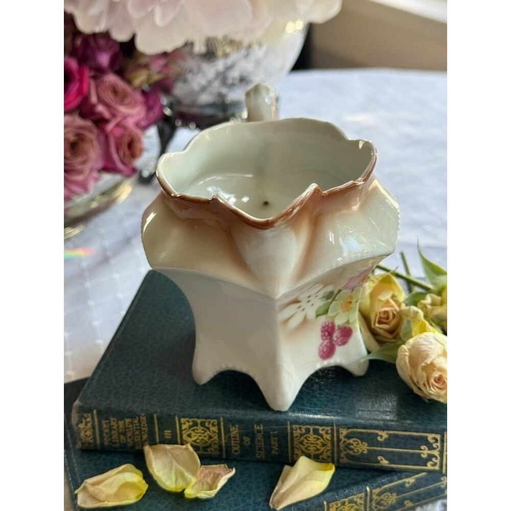 Rare Antique German Hand Painted Floral Footed Creamer Sepia Yellow Brown - Picture 14 of 16